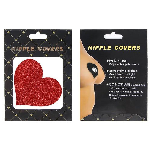 Red glittery heart-shaped nipple cover with packaging on a white background