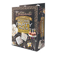 glitterati boobie party pack, boobie ballons, papre plates, napkins, straws, candles, confetti and sexy female playing cards on box packaging