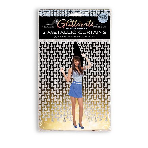 Packaging of Glitterati penis metallic curtains with a person posing behind them.