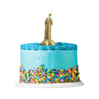 Blue cake with colorful sprinkles and a gold glittery penis candle on a white background