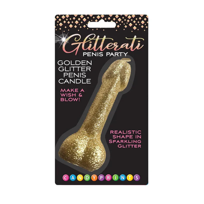 Packaging of a glittery gold penis-shaped candle with brand name 'Glitterati' on a black background.