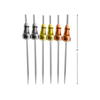 Set of metal skewers with colored penis shapped ends on a white background