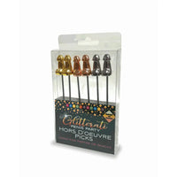 Packaged set of Glitterati Hors D'oeuvre Picks with colorful designs on a white background