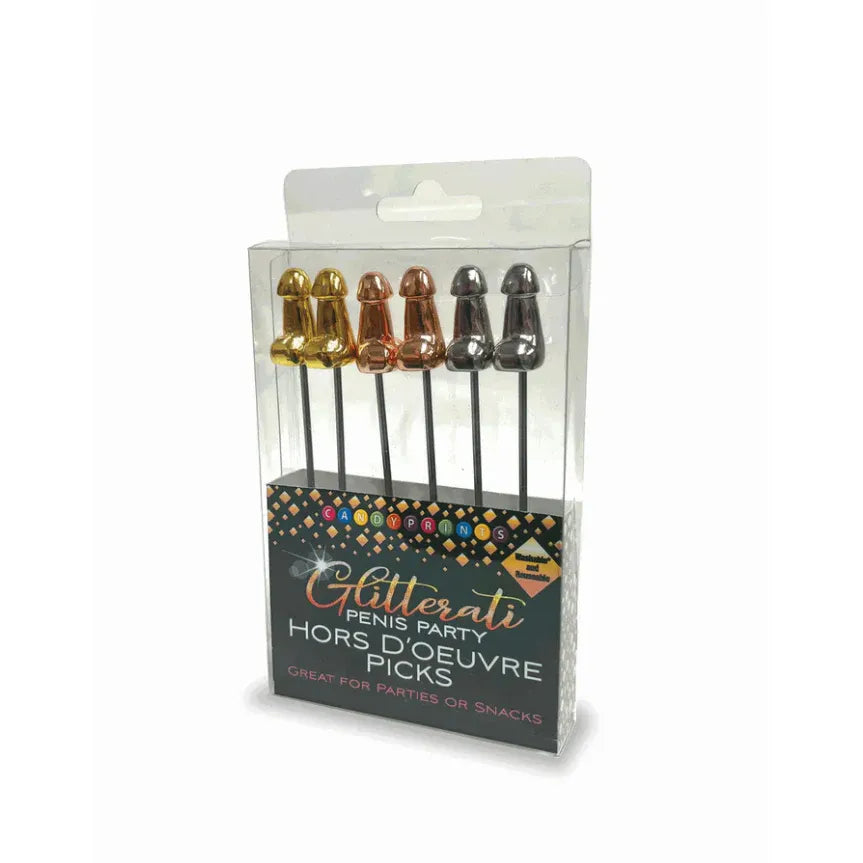 Packaged set of Glitterati Hors D'oeuvre Picks with colorful designs on a white background