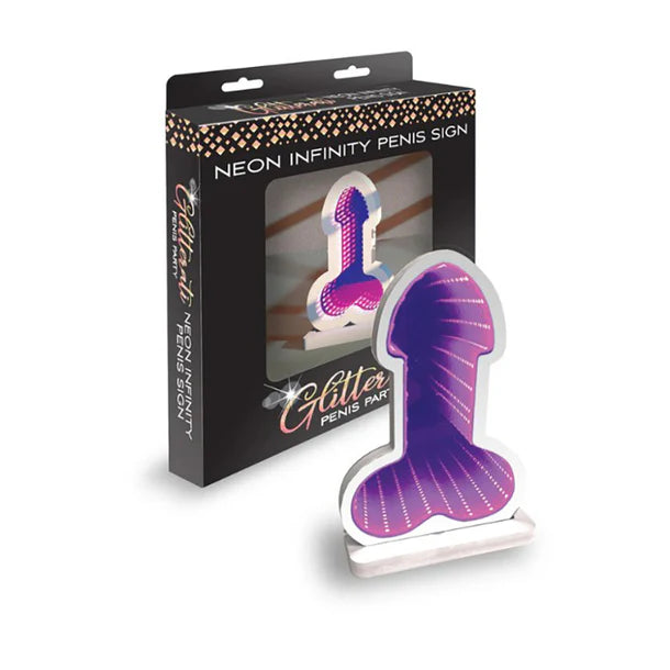 Neon infinity penis light with packaging on a white background