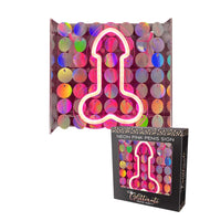 Neon pink penis-shaped sign with colorful packaging on a white background
