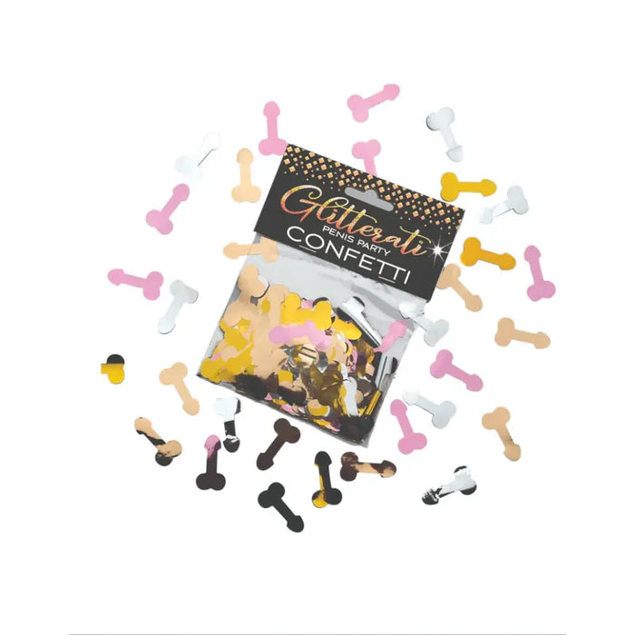 Bag of penis-shaped confetti with 'Glitterati' branding on a white background
