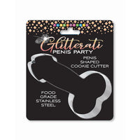 silver penis cookie cutter on black backing packaging