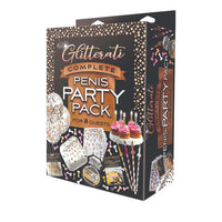 glitterati penis party pack, includes, penis balllons, paper plates, napkins, candles, straws, confetti, sexy men playing cards