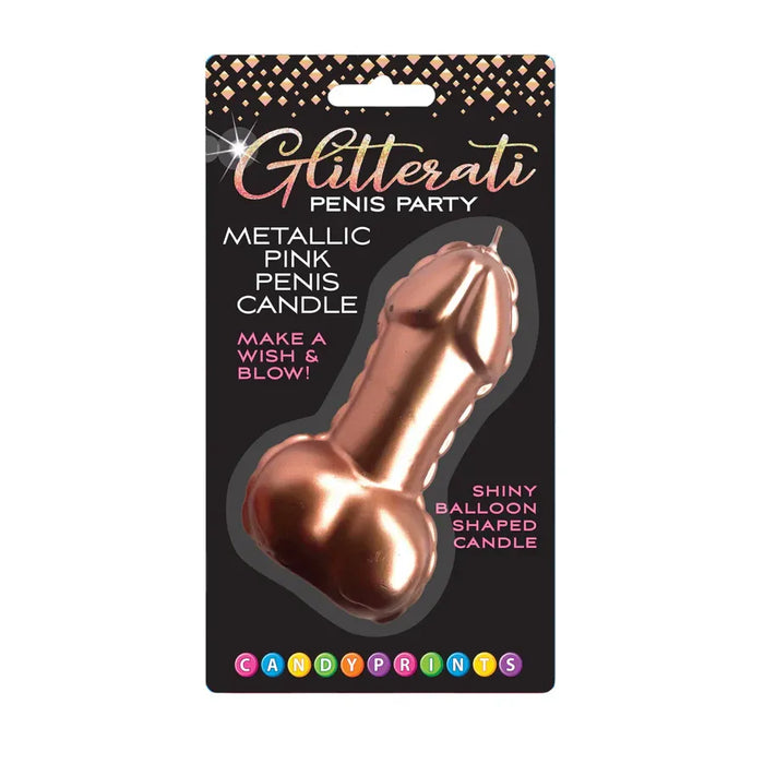 Candle shaped like a shiny balloon with packaging labeled 'Glitterati Penis Party' on a white background.