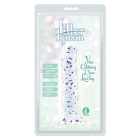 clear ridged dildo with blue and purple glitter inside plastic packaging