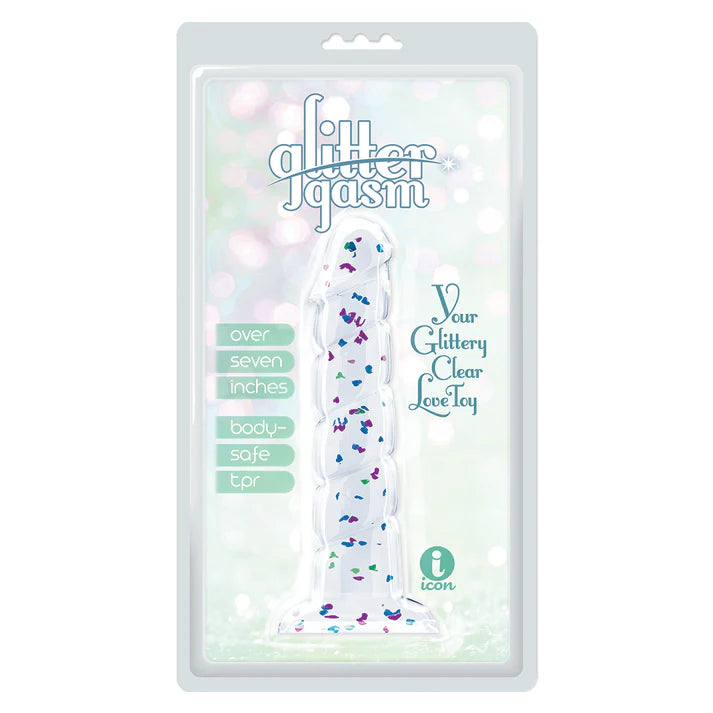 clear ridged dildo with blue and purple glitter inside plastic packaging
