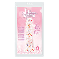 clear ridged dildo with red and blue glitter inside pastic packaging