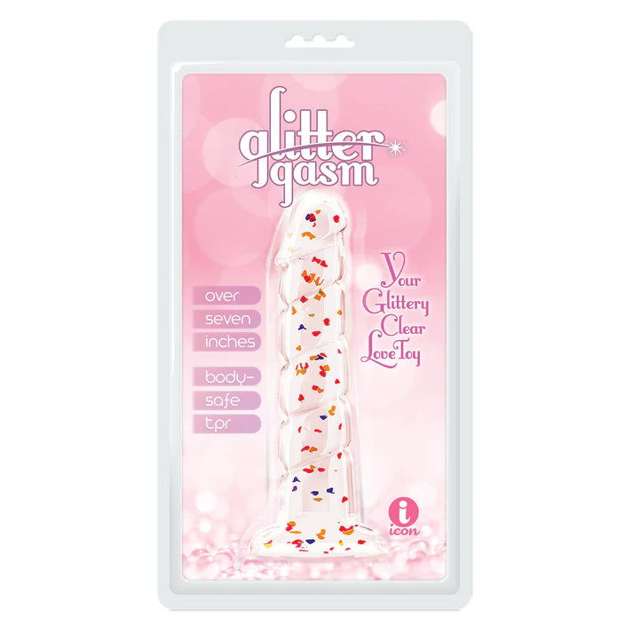 clear ridged dildo with red and blue glitter inside pastic packaging