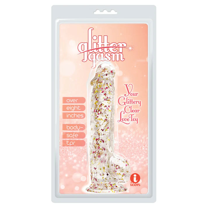 realistic dildo clear with glitter in red and yellow inside plastic packaging