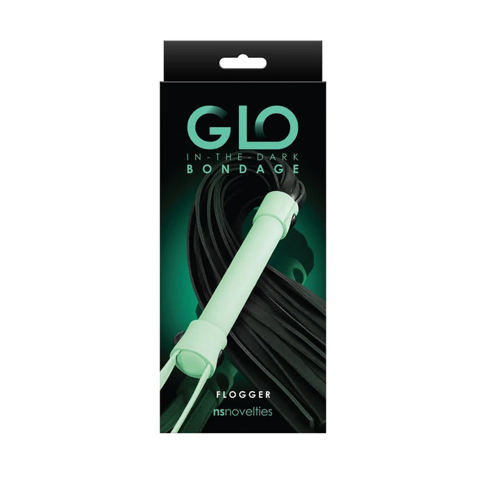 a green and black box depicting a black flogger with a glow in the dark handle