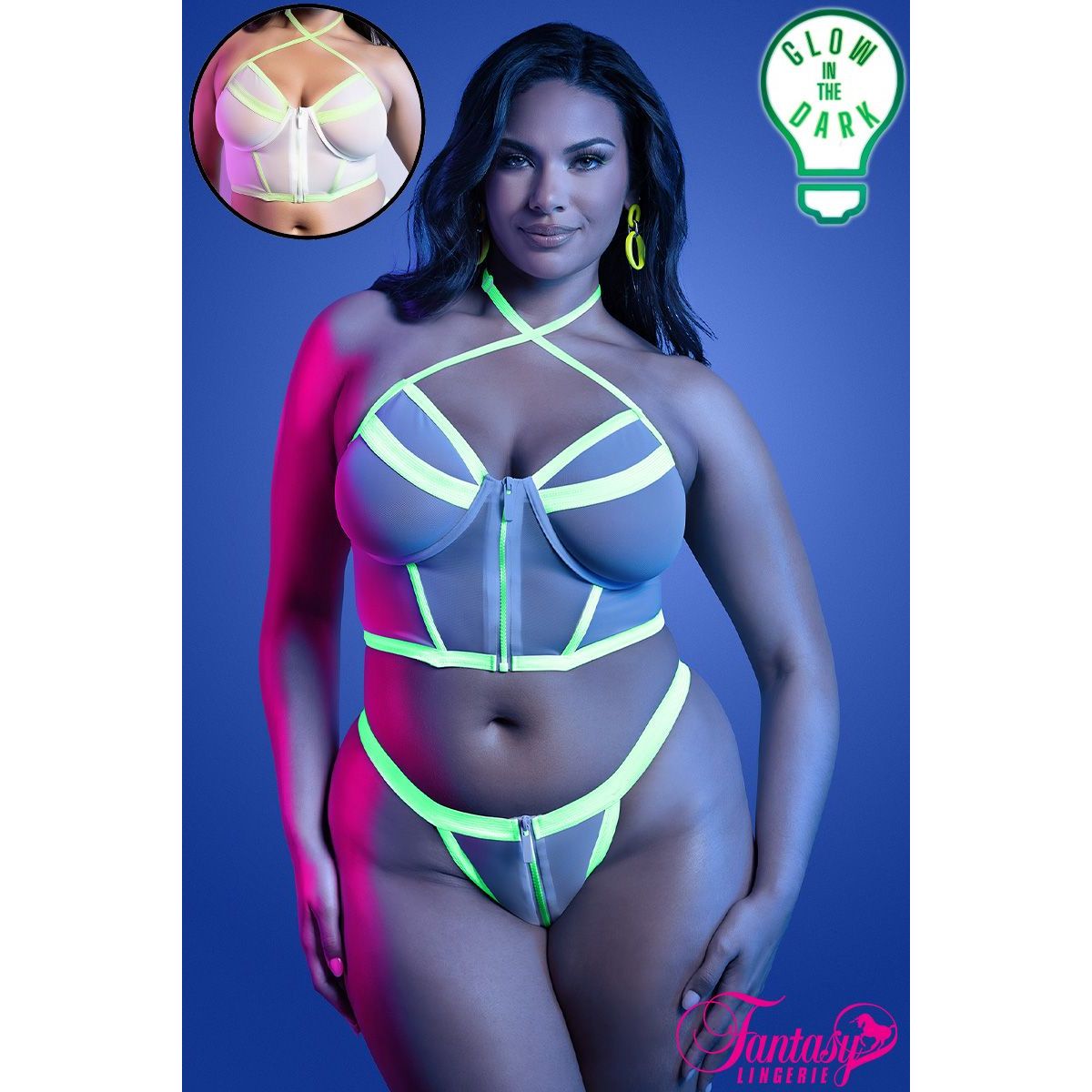 Model wearing a neon green and blue bikini with 'Fantasy Lingerie' branding, set against a dark background.