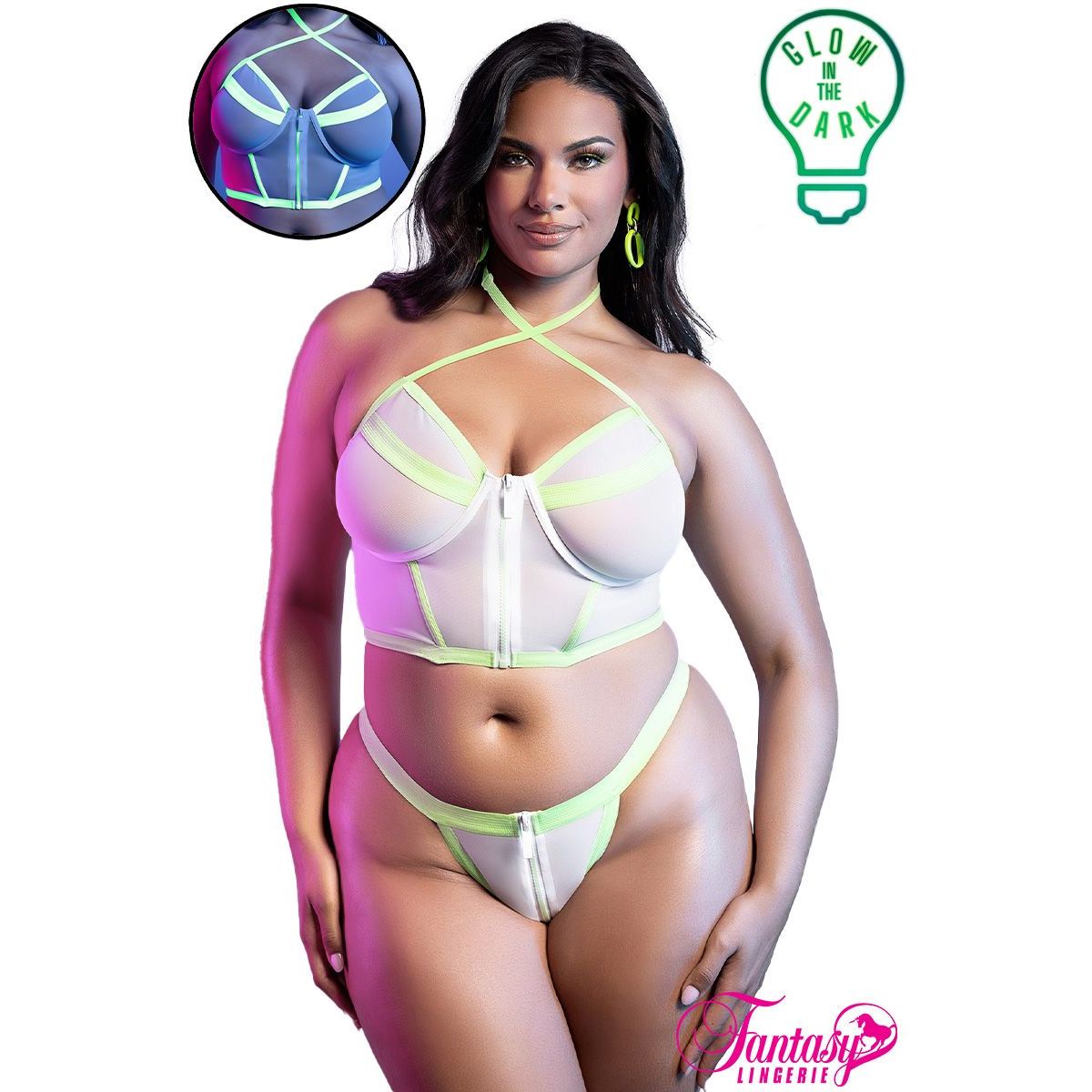 Model wearing a neon green and pink lingerie set with 'Glow in the Dark' feature, brand 'Fantasy Lingerie' visible.