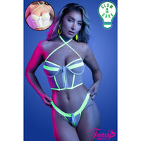 Model wearing a neon green and gray bikini with 'Glow in the Dark' text and Fantasi logo.