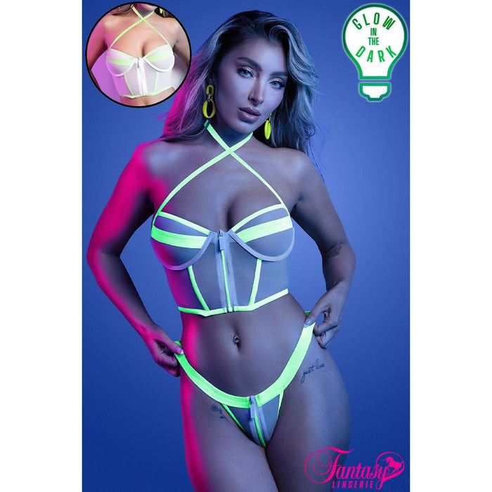 Model wearing a neon green and gray bikini with 'Glow in the Dark' text and Fantasi logo.