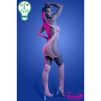 Model wearing a fishnet outfit with pink accents against a blue background, featuring the brand 'Fantasy'.