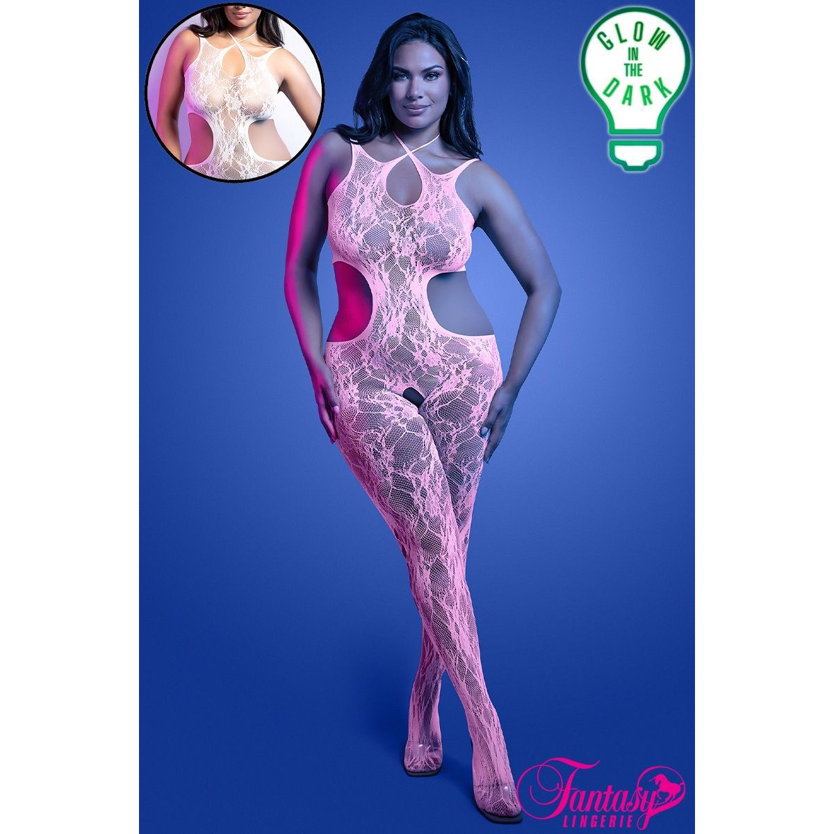 Model wearing a pink lace bodystocking with 'Glow in the Dark' label and 'Fantasy Lingerie' branding.