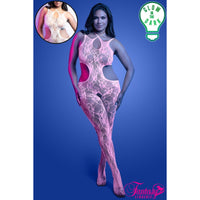 Model wearing a pink lace bodystocking with 'Glow in the Dark' label and 'Fantasy Lingerie' branding.