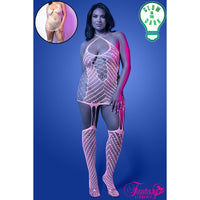 Woman wearing a fishnet outfit with pink accents against a blue background, featuring the brand 'Fantasy'.