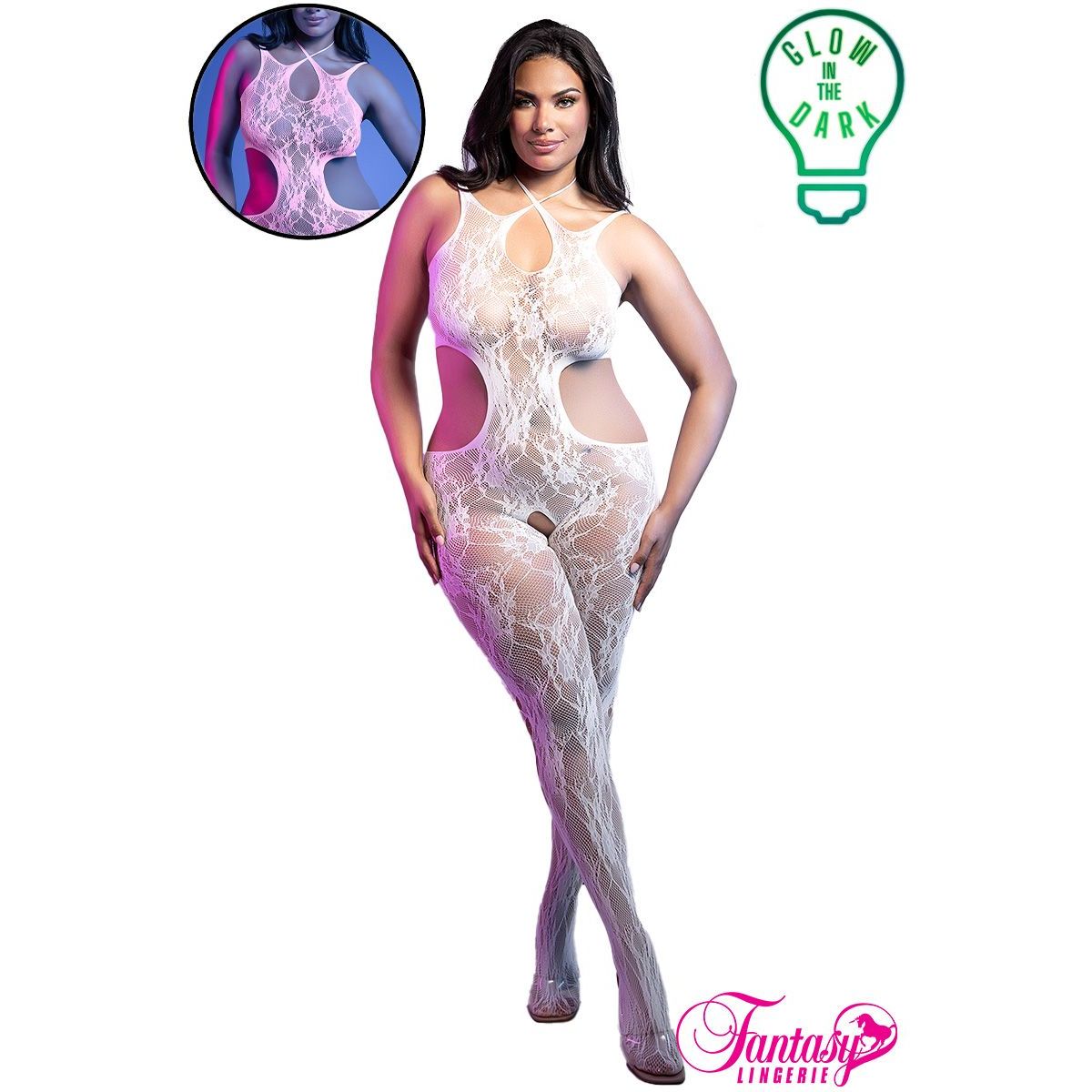 Woman wearing a lace bodystocking with a glow-in-the-dark feature, branded as Fantasia Lingerie.