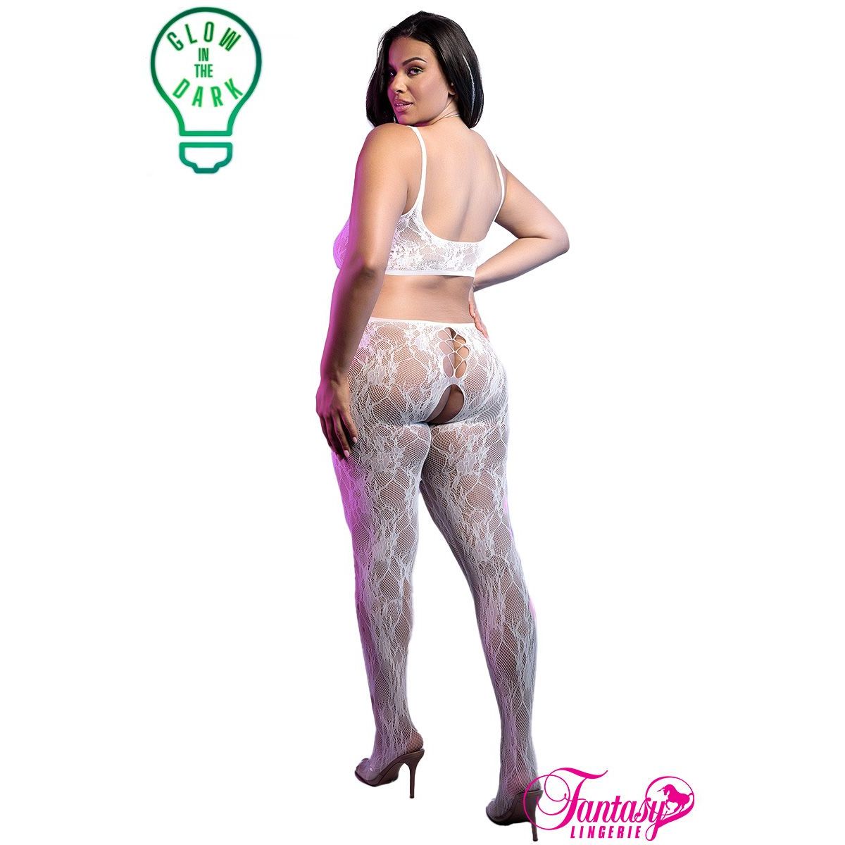 Woman wearing a lace bodystocking with 'Fantasy Lingerie' branding and 'Glow in the Dark' logo.