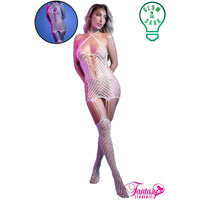 Woman wearing a lace bodystocking with 'Glow in the Dark' feature, brand 'Fantasy Lingerie' visible.