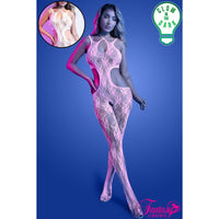 Woman wearing a pink lace bodystocking with 'Fantasy Lingerie' branding on a blue background.
