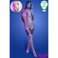 Woman wearing a fishnet bodysuit with 'Glow in the Dark' label and Fantasia logo on a blue background.