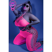 blonde female with sunglasses in pink open stomach bodystocking front view