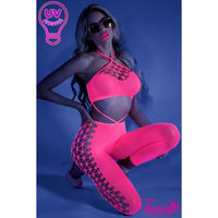 blonde female with sunglasses in pink open stomach bodystocking front view