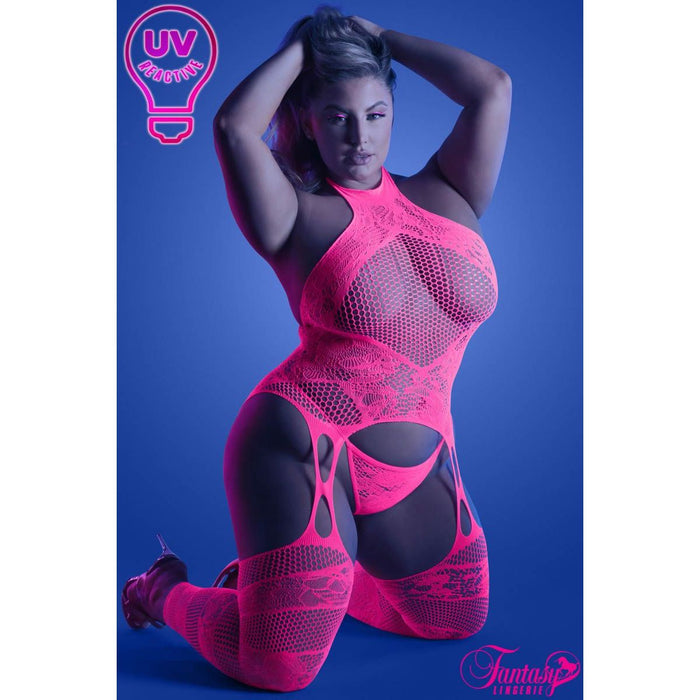 blonde female on knees in fishnet & lace bodystocking front view