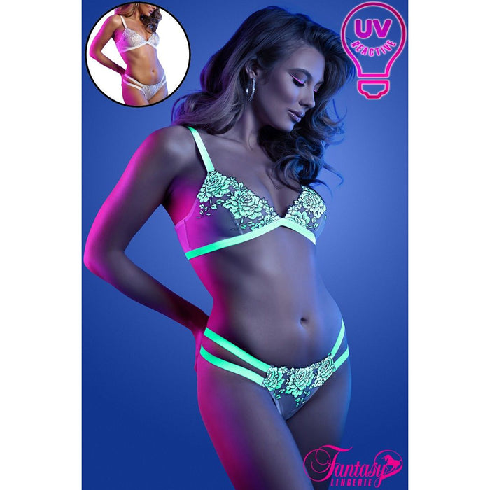 female with uv bra & panty set front view