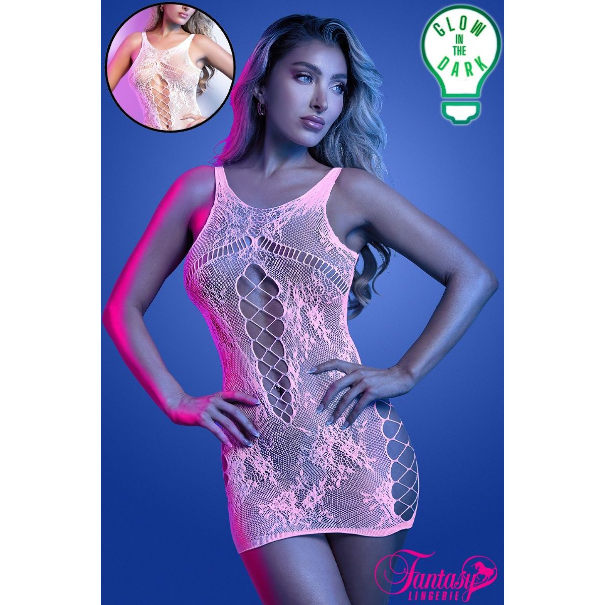 Model wearing a pink lace lingerie set with 'Glow in the Dark' feature, brand 'Fantasy' visible.