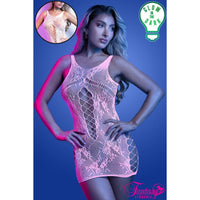 Model wearing a pink lace lingerie set with 'Glow in the Dark' feature, brand 'Fantasy' visible.