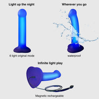 purple LED light dildo with features highlighted on a white background