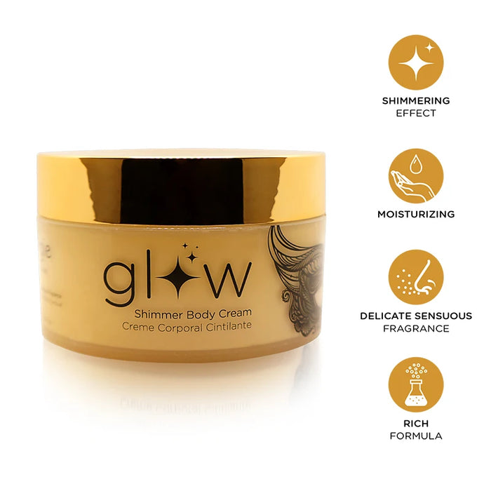 Gold shimmer body cream jar with features listed on a white background