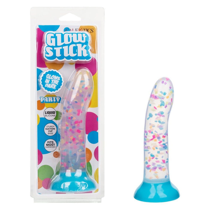 Glow stick dildo with colorful confetti pattern on a white background