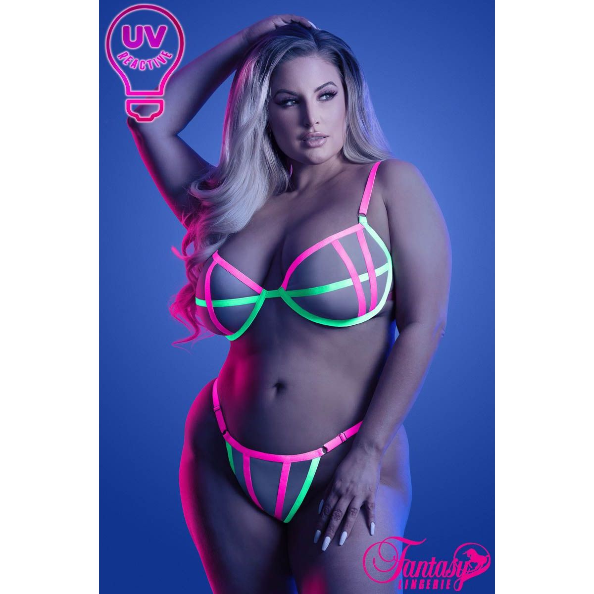 female standing wearing pink and green strappy bra & panty