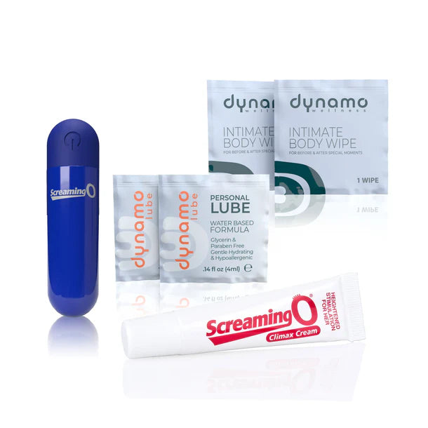 Collection of sexual hygiene products including a blue container, packets, and tubes on a white background.