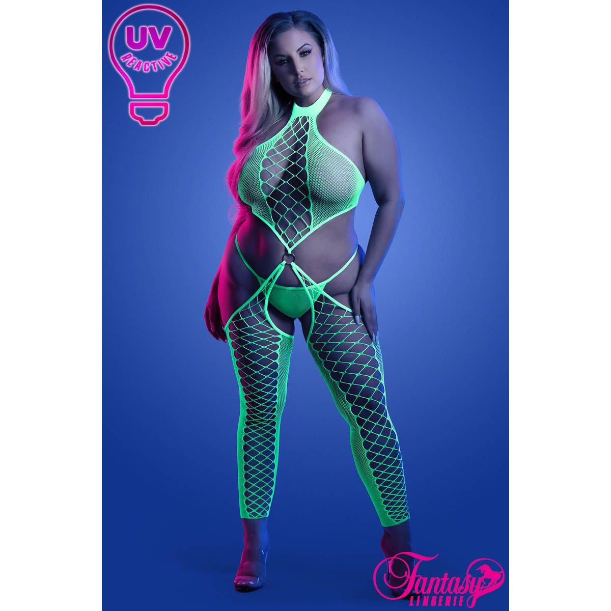 female standing with criss cross open mid bodystocking footless