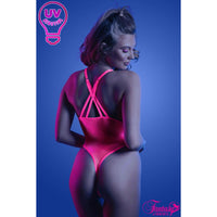 female with pink uv fishnet teddy back view