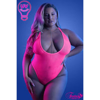 female with pink uv fishnet teddy front view