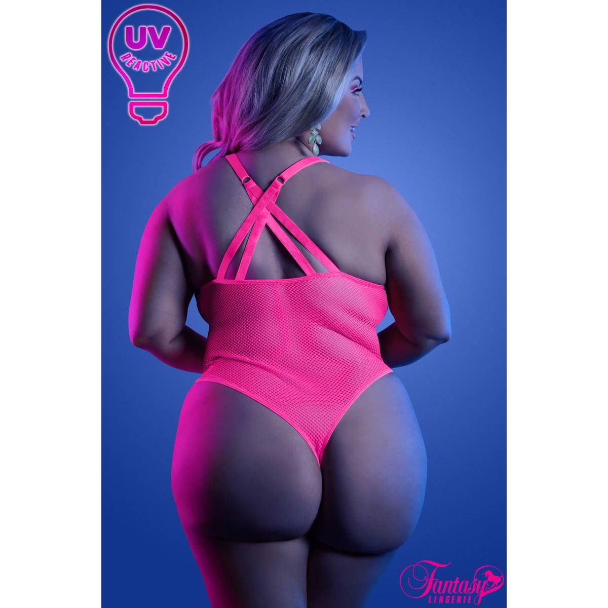 female with pink uv fishnet teddy back view