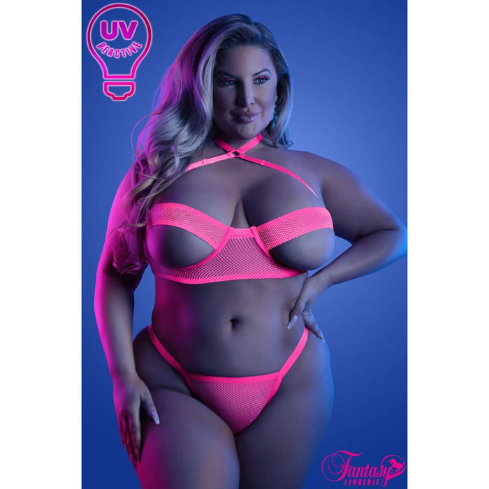 female standing with mesh uv pink bra & panty set front view