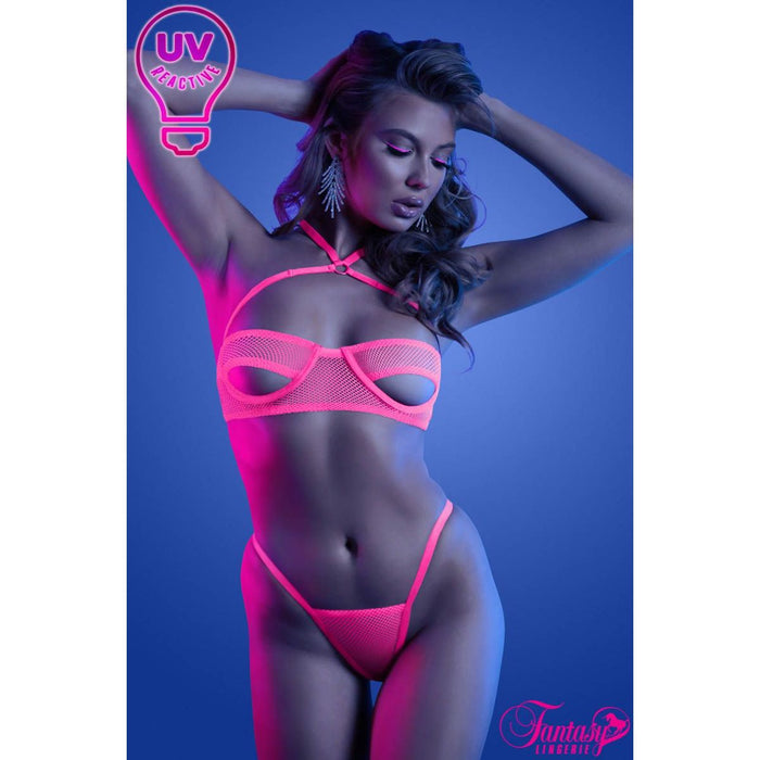 female standing with mesh uv pink bra & panty set front view